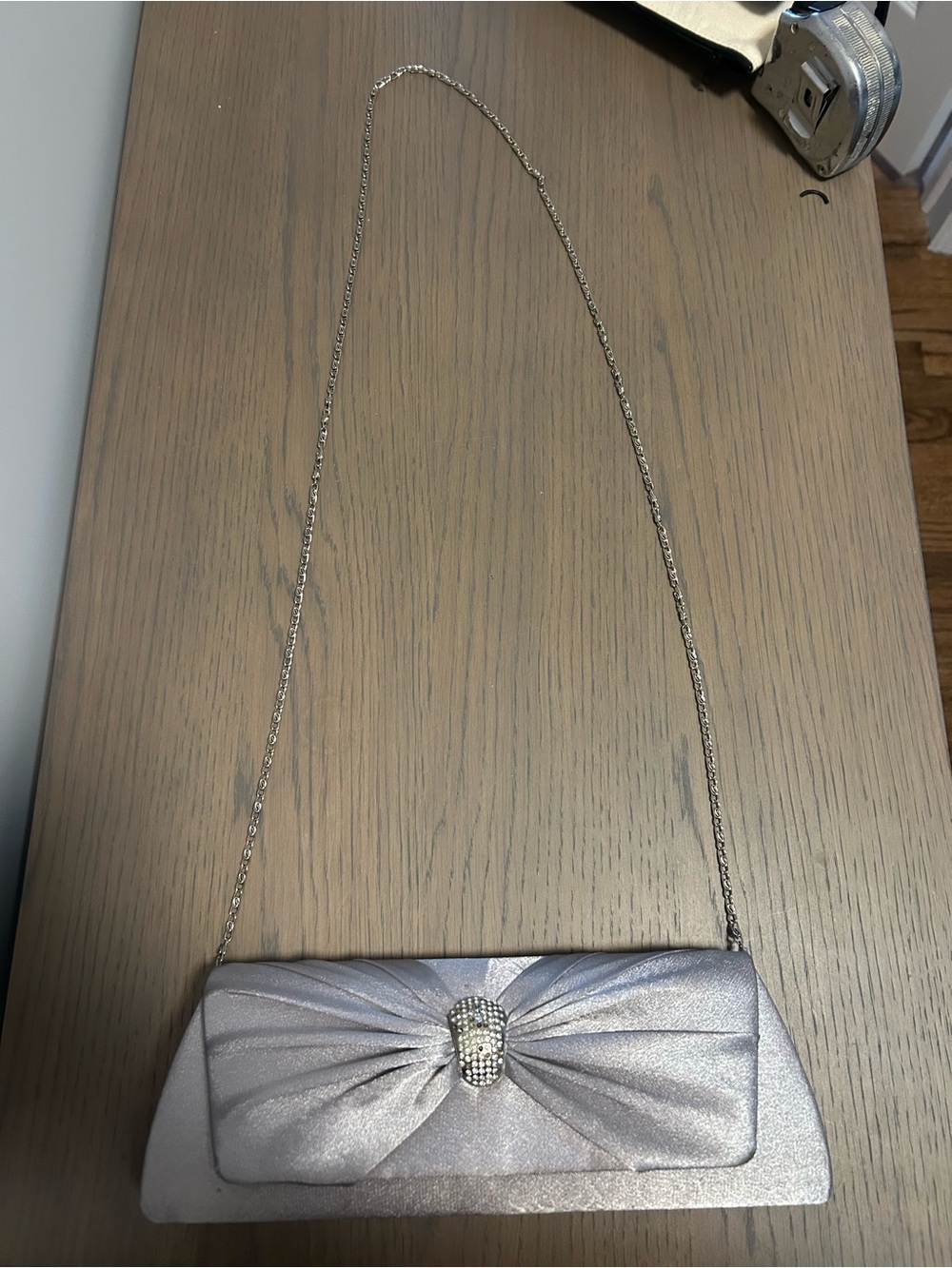 Bijoux Terner Silver Satin Knot Clutch with Rhinestone Accent